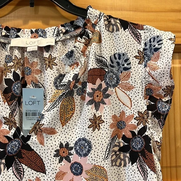 Ann Taylor LOFT Boho Floral Ruffle Split Neck Shell Blouse - Picture 4 of 8